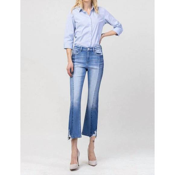 NEW FLYING MONKEY high rise contrast kick crop flare in blue denim - Picture 2 of 5